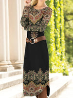 Long Sleeve Spring Fall Ethnic Dress Crew Neck Maxi H-Line T-Shirt Dress