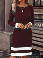 Robe t-shirt midi trapèze à manches longues, col rond et coutures contrastées, idéale pour le printemps et l'automne.