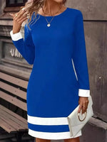Robe t-shirt midi trapèze à manches longues, col rond et coutures contrastées, idéale pour le printemps et l'automne.