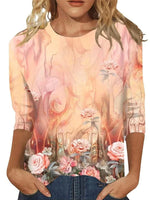 Ethnic Print Crew Neck 3/4 Sleeves Casual T-shirt