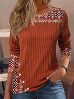 Ethnic Print Crew Neck Long Sleeve Casual T-shirt
