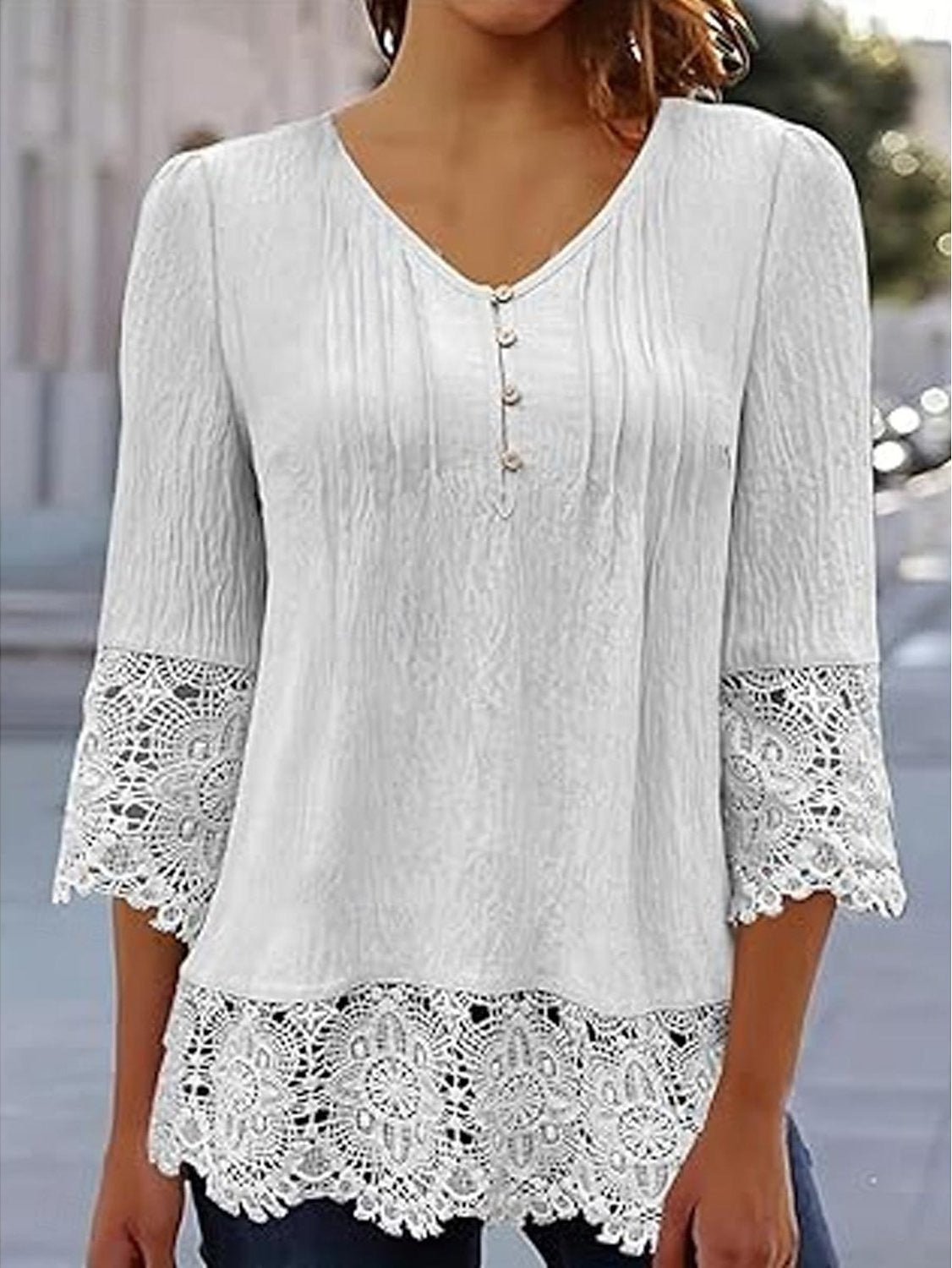 V-neck Plain Lace 3/4 Sleeves Loose Blouse