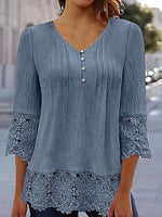 V-neck Plain Lace 3/4 Sleeves Loose Blouse