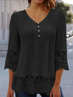 V-neck Plain Lace 3/4 Sleeves Loose Blouse