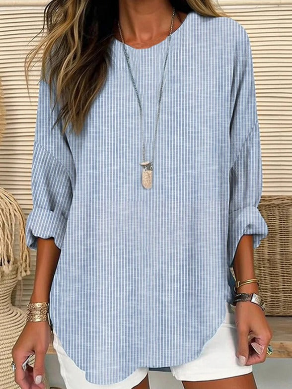 Striped Crew Neck Long Sleeve Loose Blouse