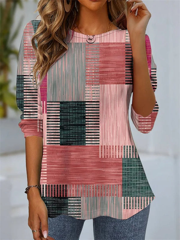 Plaid Loose Crew Neck Tee Everyday Style