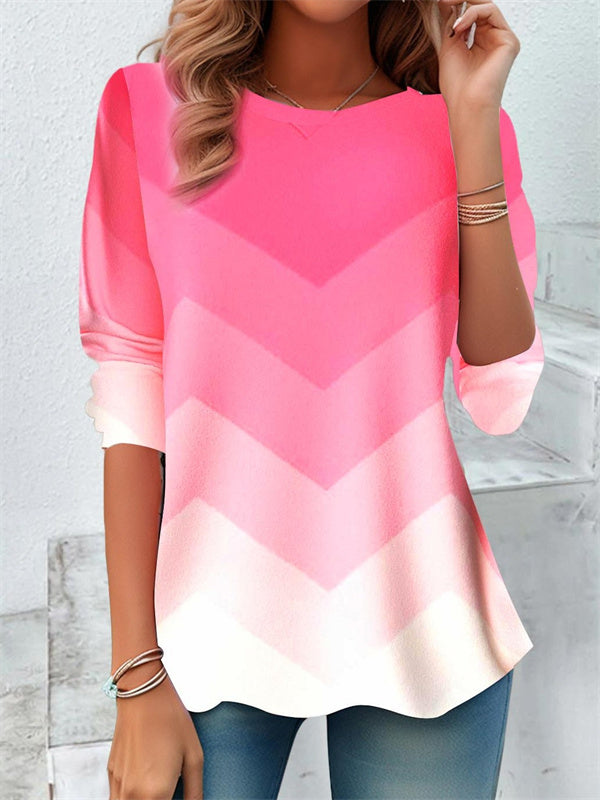 Color Block Printing Jersey Crew Neck Long Sleeve Tee Casual Top