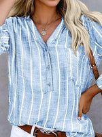 Stitching Striped Shirt Collar Long Sleeve Pocket Loose Shirt