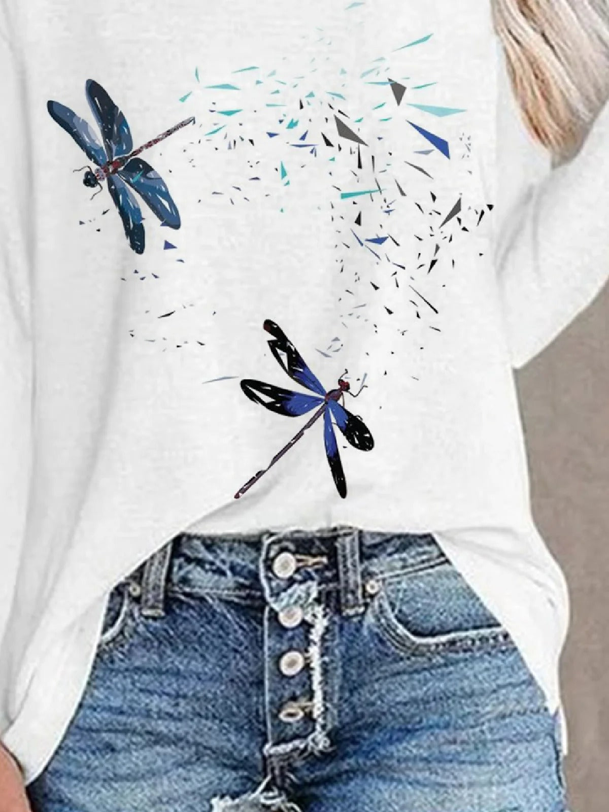 Dragonfly Crew Neck Long Sleeve Casual T-shirt