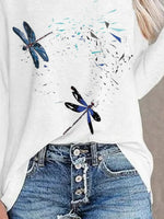 Dragonfly Crew Neck Long Sleeve Casual T-shirt