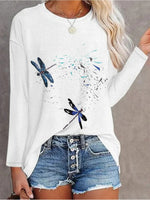 Dragonfly Crew Neck Long Sleeve Casual T-shirt