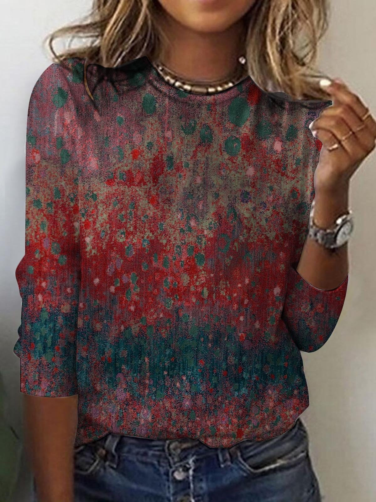 Tie-dye Print Regular Fit Crew Neck Casual Blouse
