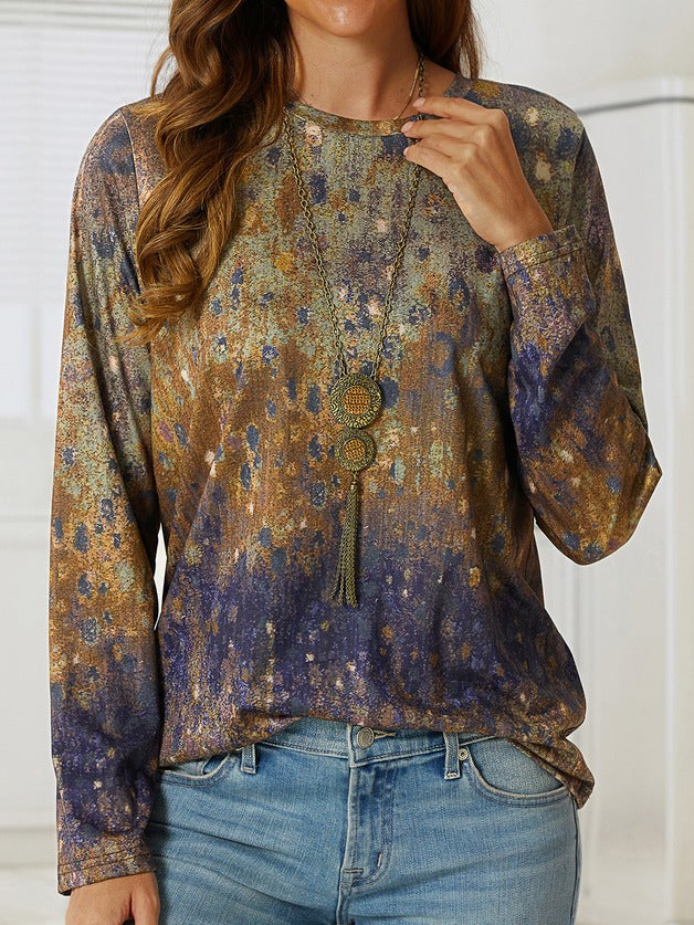 Tie-dye Print Regular Fit Crew Neck Casual Blouse