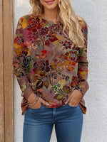 Floral Crew Neck Long Sleeve H-line Casual Blouse