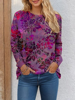 Floral Crew Neck Long Sleeve H-line Casual Blouse