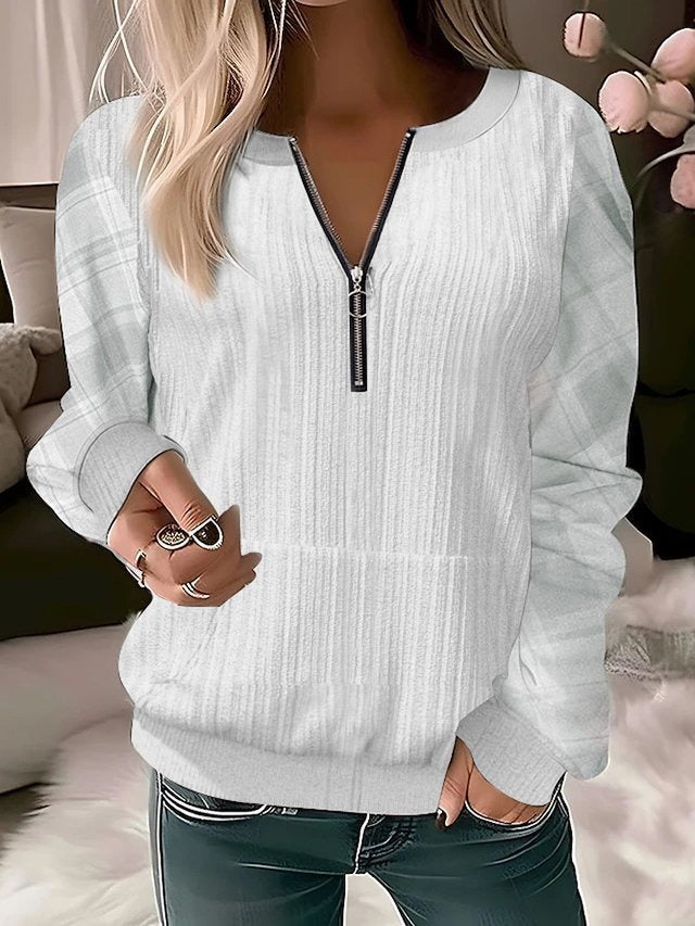 Loose Plaid Crew Neck Zipper Micro-elasticity Casual Sweatshirt