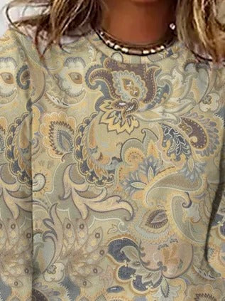 Paisley Print Crew Neck Long Sleeve Loose Casual Blouse