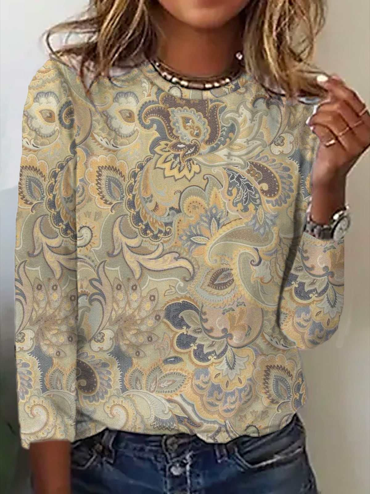 Paisley Print Crew Neck Long Sleeve Loose Casual Blouse