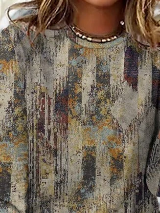 Retro Abstract Colorful Print Crew Neck Casual Long Sleeve Blouse