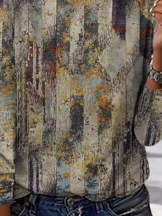 Retro Abstract Colorful Print Crew Neck Casual Long Sleeve Blouse