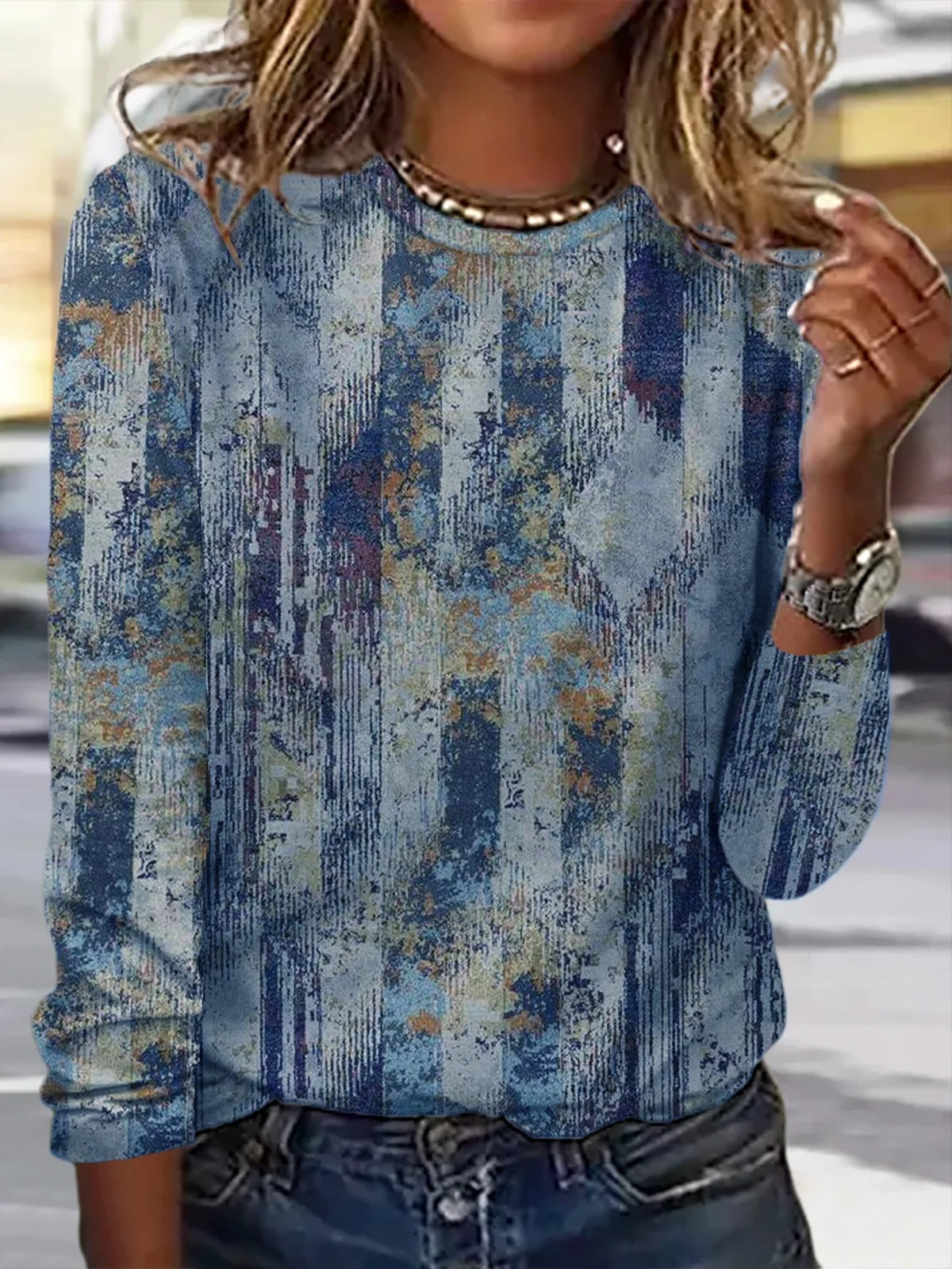Retro Abstract Colorful Print Crew Neck Casual Long Sleeve Blouse