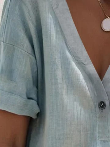 Plain Shirt Collar Short Sleeve Casual Blouse