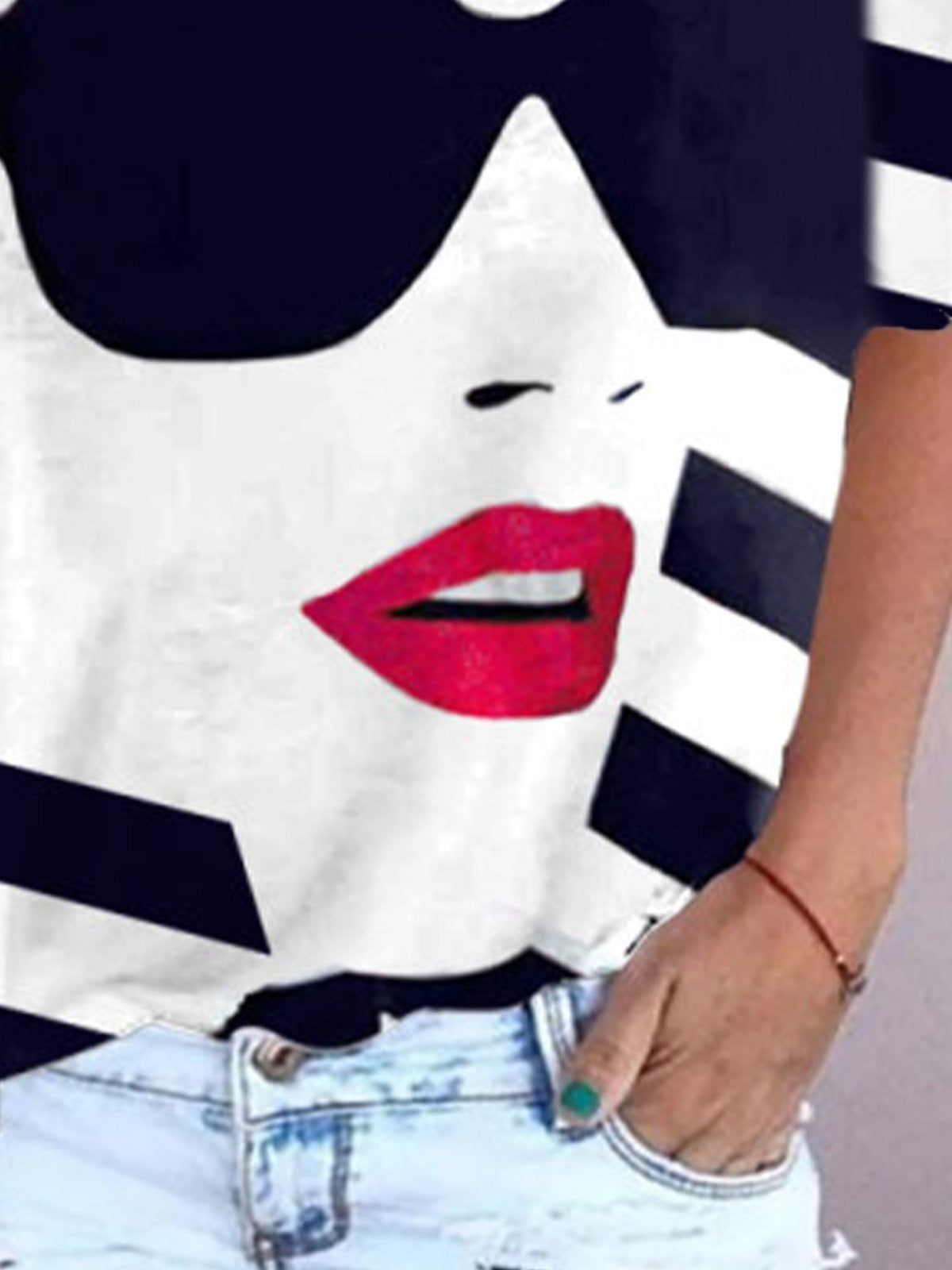 Cotton Summer Abstract V-neck Short Sleeve Casual T-shirt