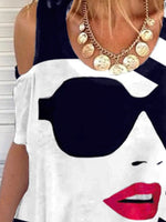 Cotton Summer Abstract V-neck Short Sleeve Casual T-shirt