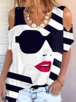 Cotton Summer Abstract V-neck Short Sleeve Casual T-shirt