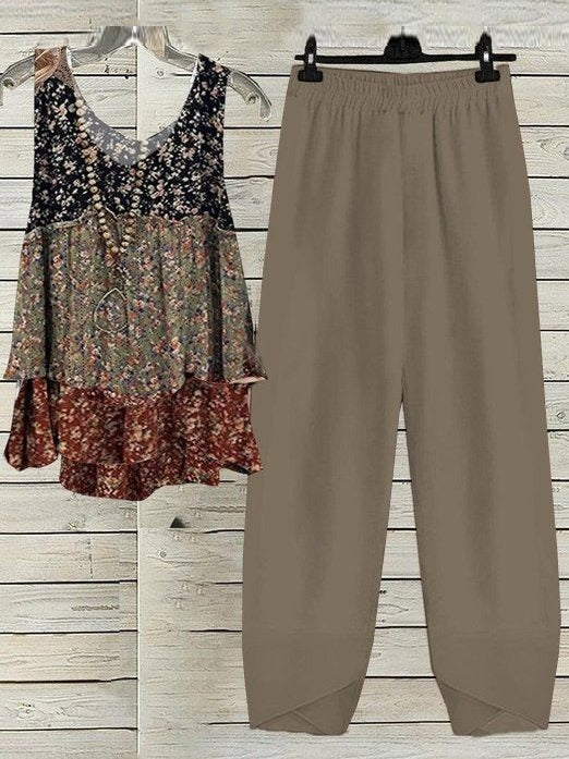 Crew Neck Casual Disty Floral Loose Sleeveless Two-Piece Set