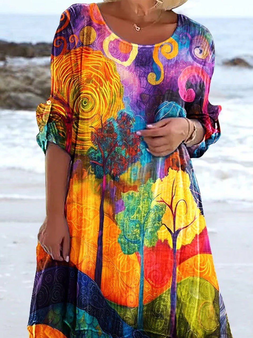 Tree Print Round Neck Long Sleeves Midi Dress