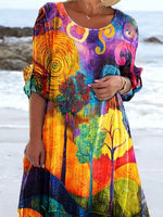 Tree Print Round Neck Long Sleeves Midi Dress