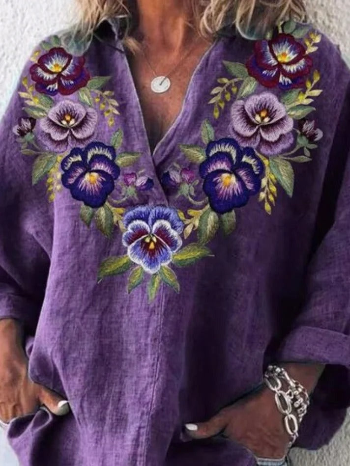 Floral Print V-neck Long Sleeves Loose Blouse