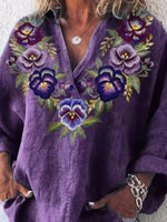 Floral Print V-neck Long Sleeves Loose Blouse