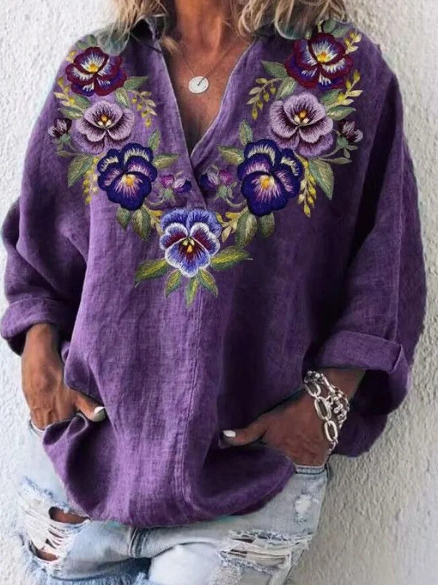 Floral Print V-neck Long Sleeves Loose Blouse