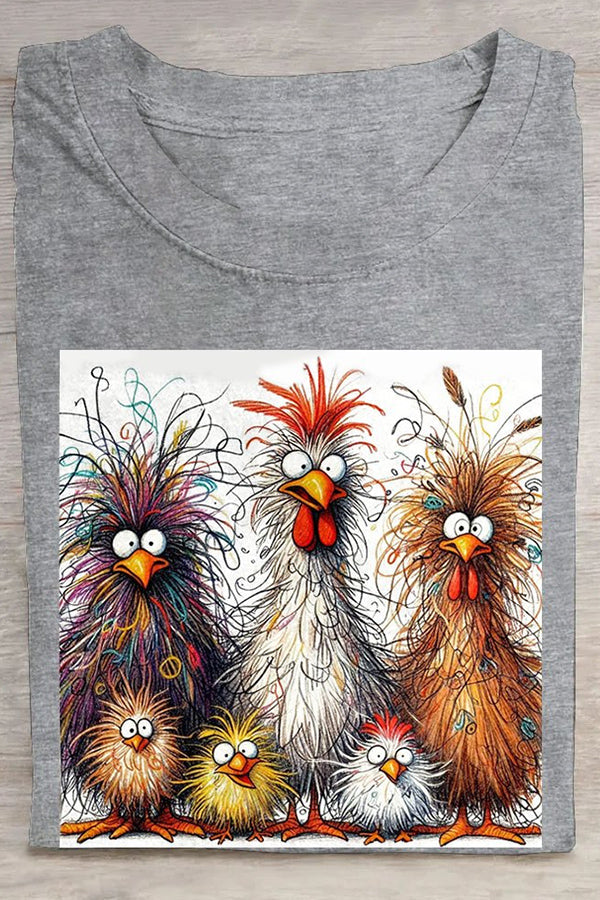 Fashion Casual Cute Chicken Animal Pattern Crew Neck Short Sleeve Cotton T-Shirt