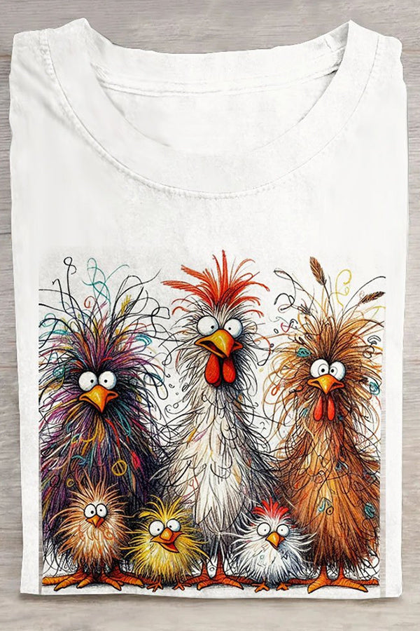 Fashion Casual Cute Chicken Animal Pattern Crew Neck Short Sleeve Cotton T-Shirt