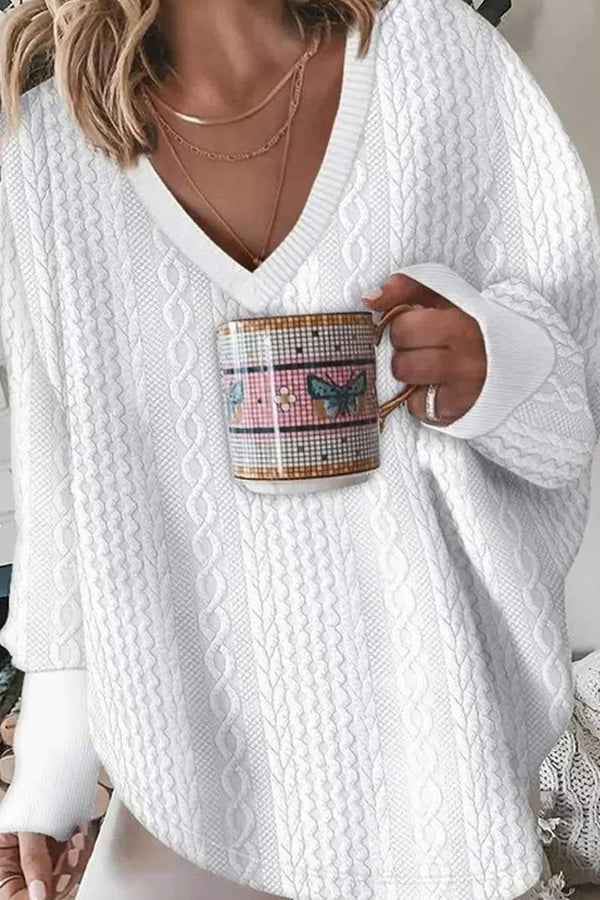 Fashion Casual V Neck Solid Color Jacquard Sweatshirt