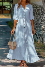 Half Sleeve Cotton Button-Down Loose Maxi Dress