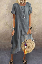 Plain Ruffle Layered Crew Neck Short Sleeve Cotton Linen Dress