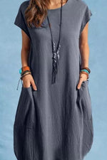 Casual Crew Neck Short Sleeve Pocket Cotton Linen Midi Dress