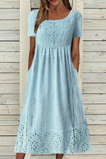 Casual Crew Neck Short Sleeve Lace Cotton Linen Dress