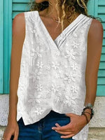 Women's Casual Floral Lace Plain Loose Sleeveless V Neck Summer Tank Top