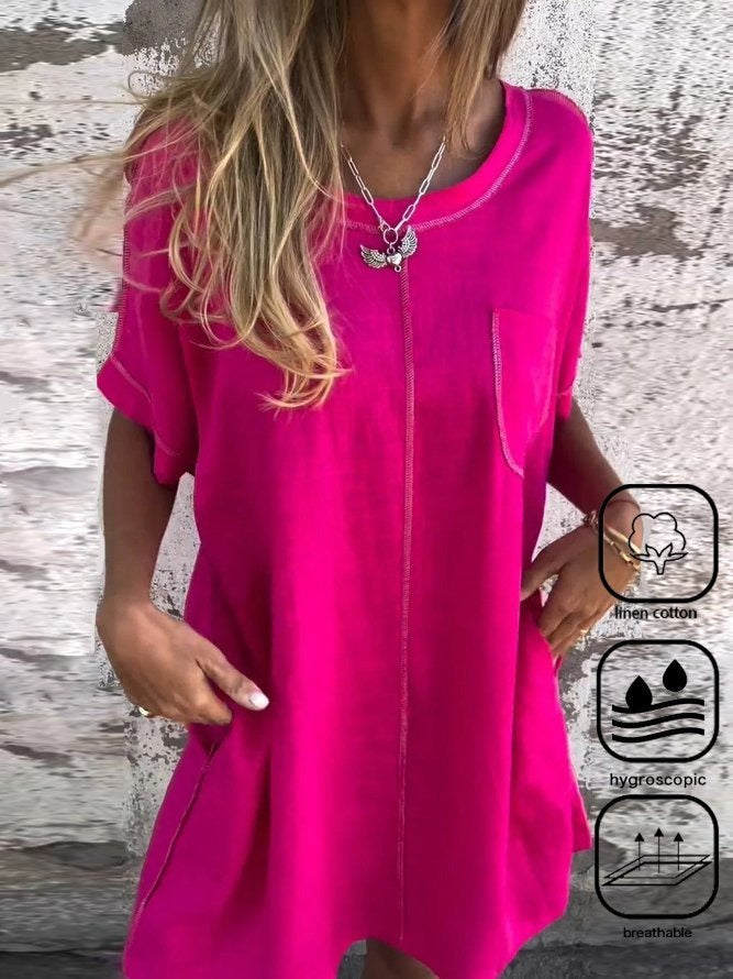 Cotton And Linen Casual Plain Short Dress