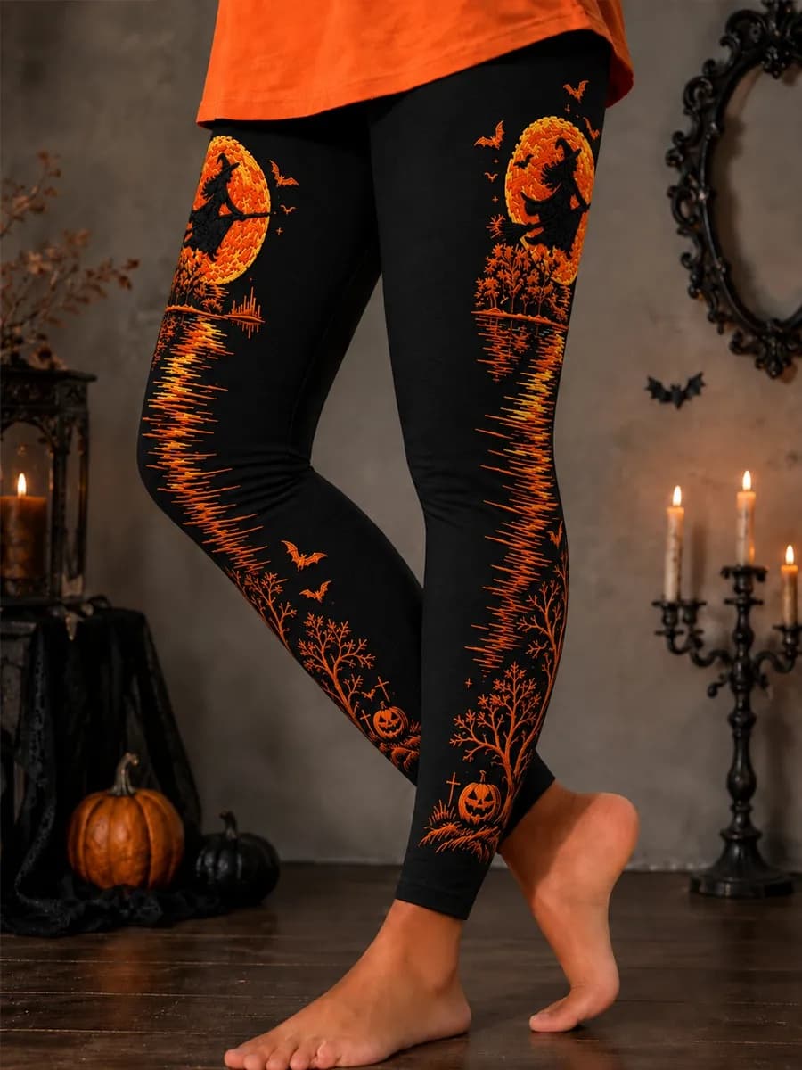 Women's Halloween Black Witch Moon Bat Pumpkin Print High Waist Long Leggings