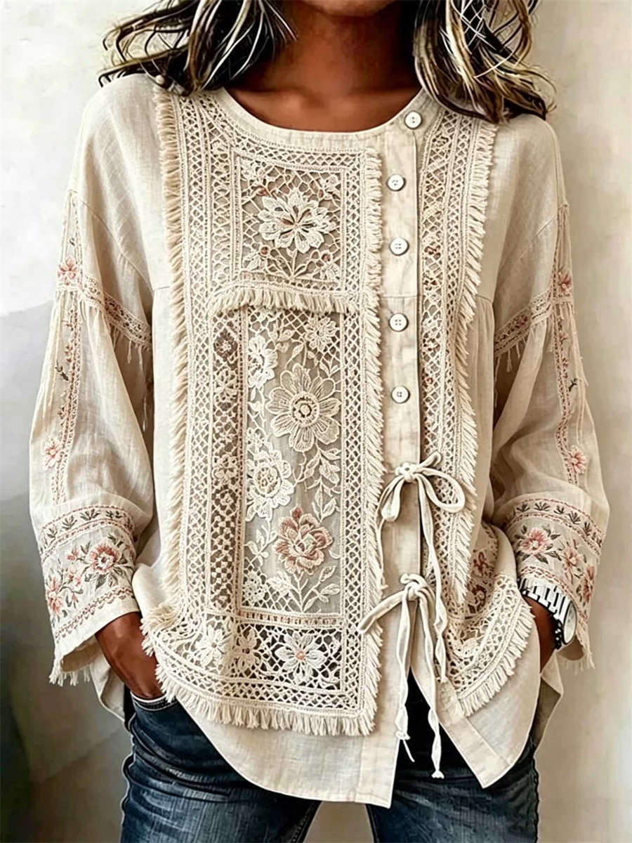 Women's Beige Floral Lace Fringe Round Neck Long Sleeve Drawstring Blouse