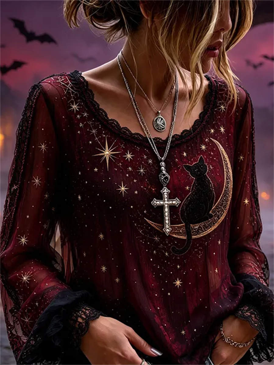 Women's Halloween Burgundy Black Cat Moon Print Round Neck Long Sleeve Blouse