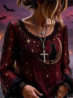 Women's Halloween Burgundy Black Cat Moon Print Round Neck Long Sleeve Blouse