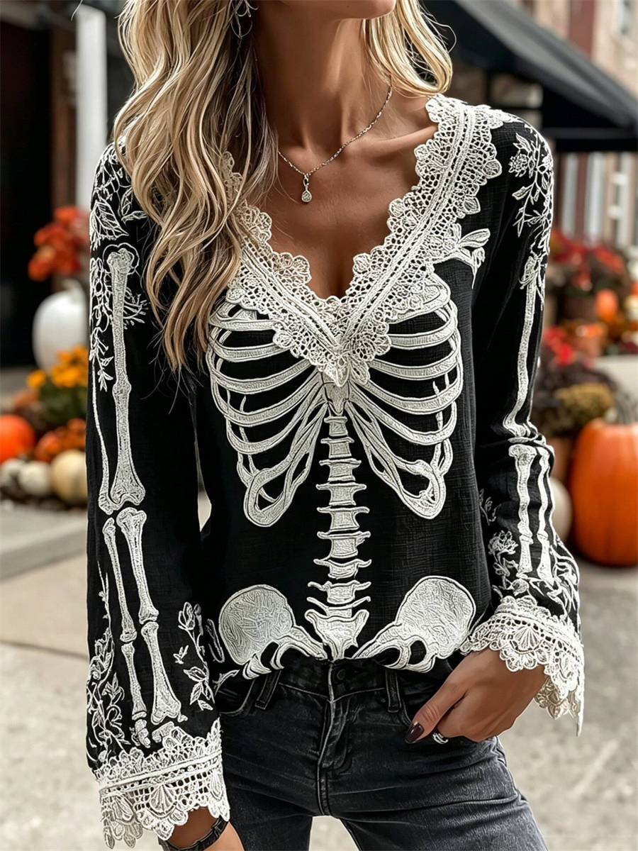 Women's Halloween Black Skeleton Lace V Neck Long Sleeve Blouse