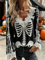 Women's Halloween Black Skeleton Lace V Neck Long Sleeve Blouse